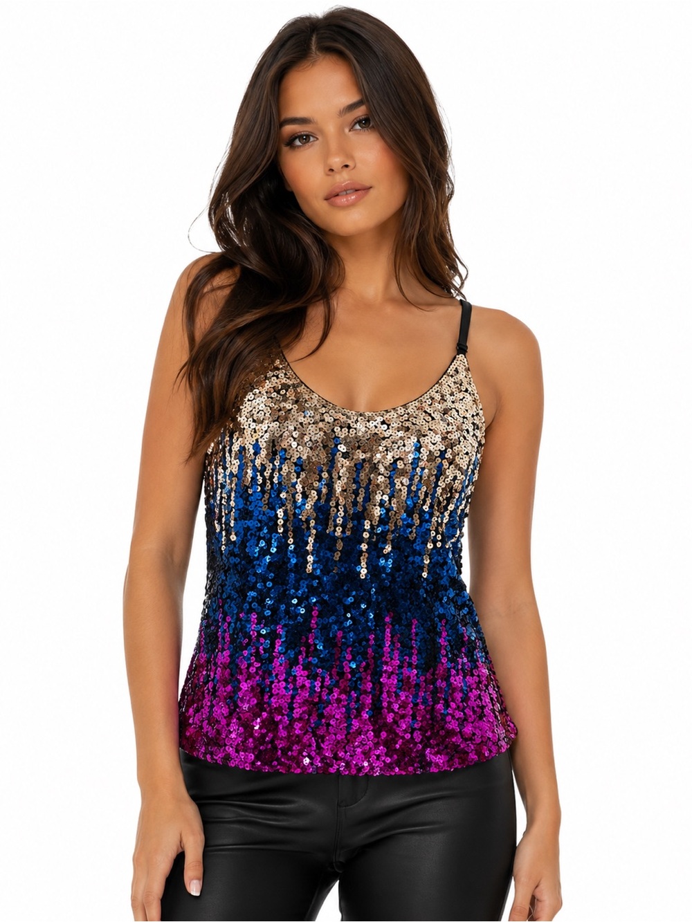 Womens Sequin Tops Glitter Party Strappy TankTop Sparkle (Gold/Blue/Magenta) - M
